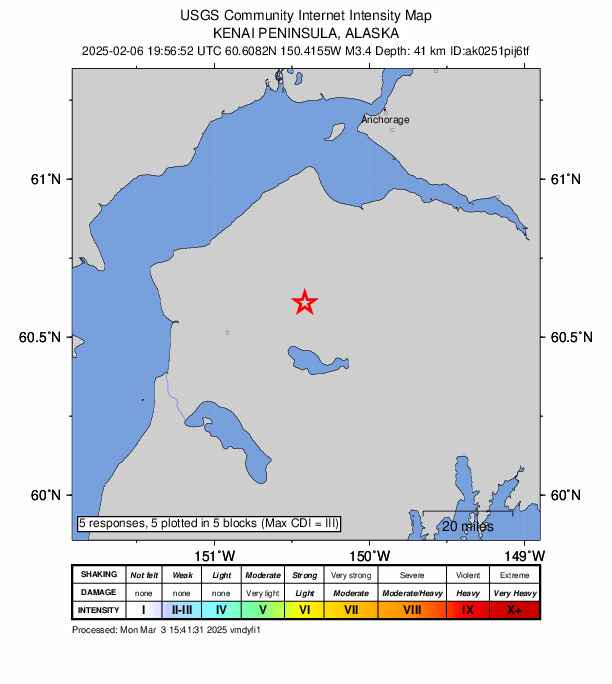 USGS DYFI community-reported intensity map for the M3.4 earthquake near 20 km ENE of Sterling, Alaska