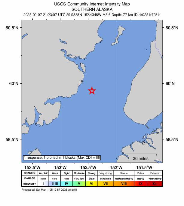 USGS DYFI community-reported intensity map for the M3.6 earthquake near 38 km WNW of Anchor Point, Alaska