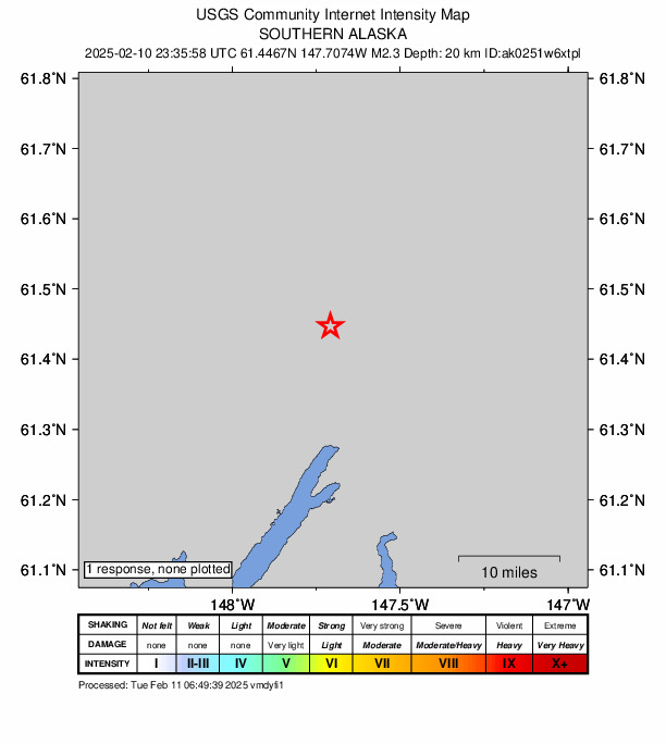 USGS DYFI community-reported intensity map for the M2.3 earthquake near 38 km S of Glacier View, Alaska