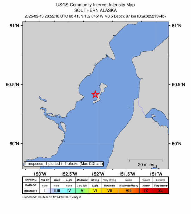 USGS DYFI community-reported intensity map for the M3.5 earthquake near 41 km W of Cohoe, Alaska