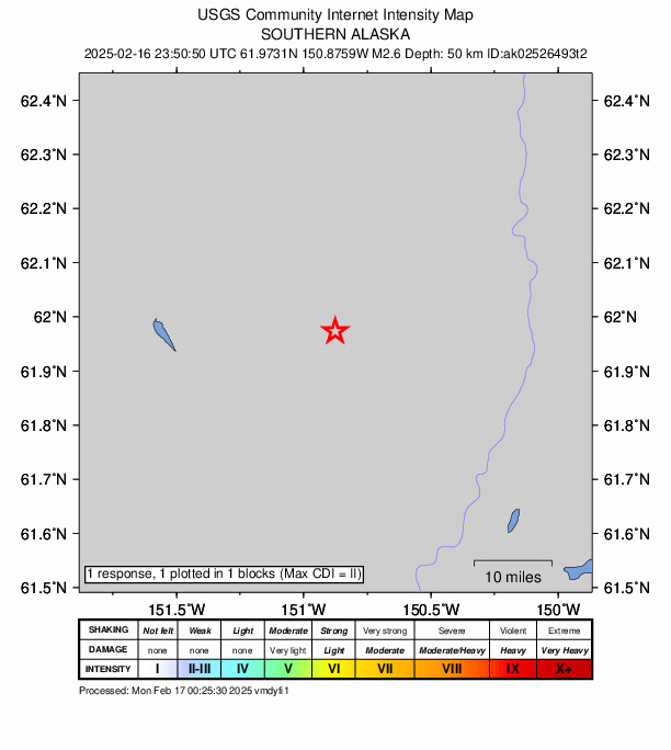 USGS DYFI community-reported intensity map for the M2.7 earthquake near 30 km E of Skwentna, Alaska