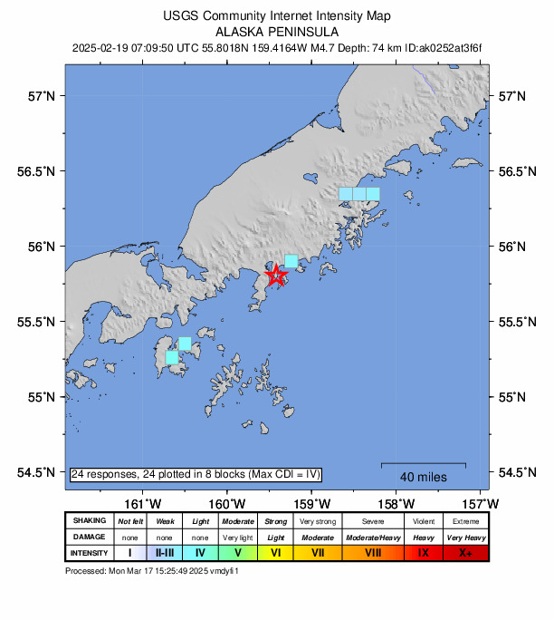 USGS DYFI community-reported intensity map for the M4.7 earthquake near 11 km SSE of Ivanof Bay, Alaska