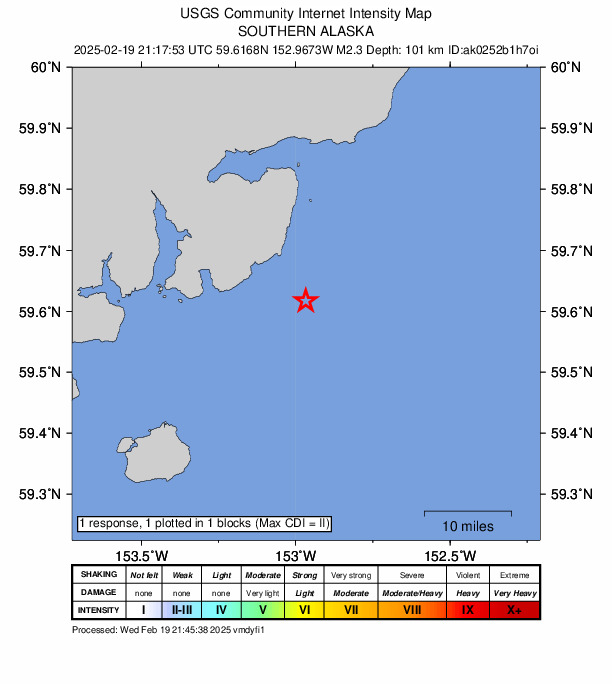 USGS DYFI community-reported intensity map for the M2.4 earthquake near 65 km ESE of Pedro Bay, Alaska