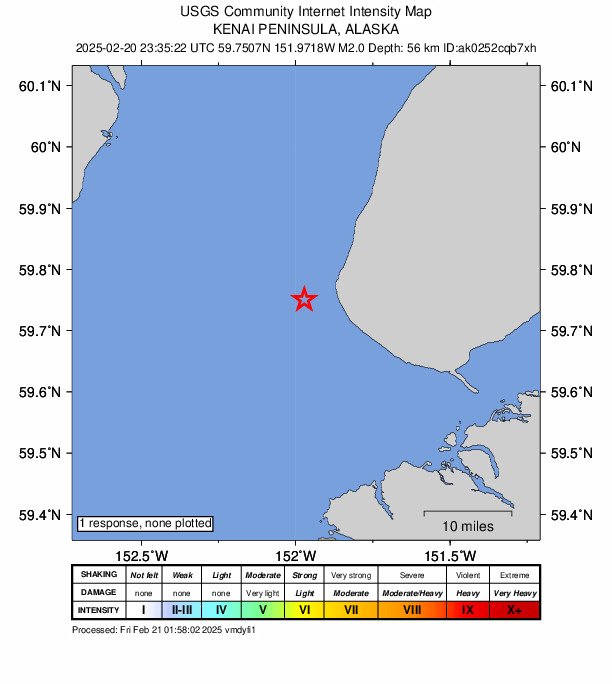 USGS DYFI community-reported intensity map for the M2.0 earthquake near 8 km SW of Anchor Point, Alaska