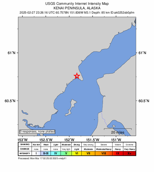 USGS DYFI community-reported intensity map for the M3.4 earthquake near 33 km WNW of Nikiski, Alaska