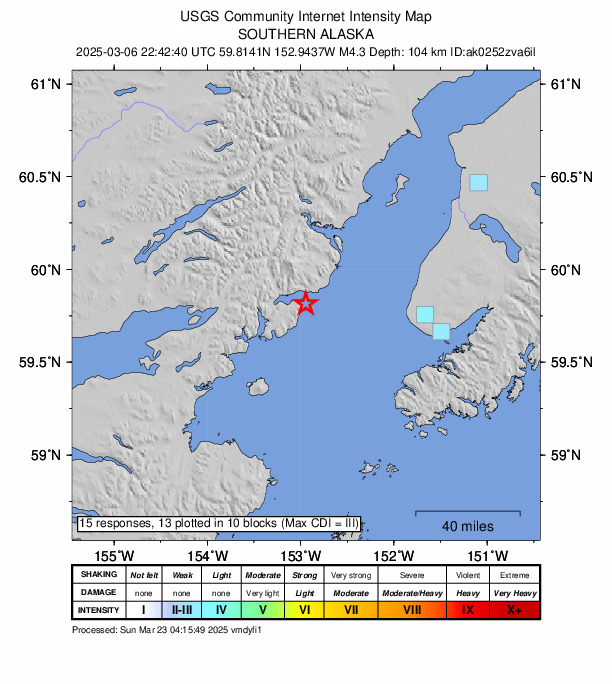 USGS DYFI community-reported intensity map for the M4.5 earthquake near 63 km W of Anchor Point, Alaska
