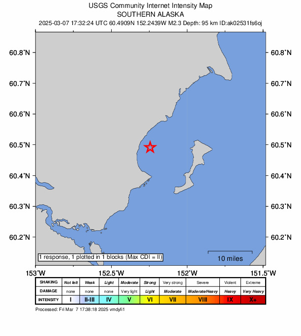 USGS DYFI community-reported intensity map for the M2.6 earthquake near 53 km WSW of Salamatof, Alaska