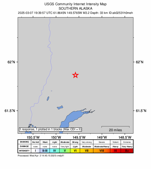 USGS DYFI community-reported intensity map for the M3.3 earthquake near 22 km NW of Fishhook, Alaska