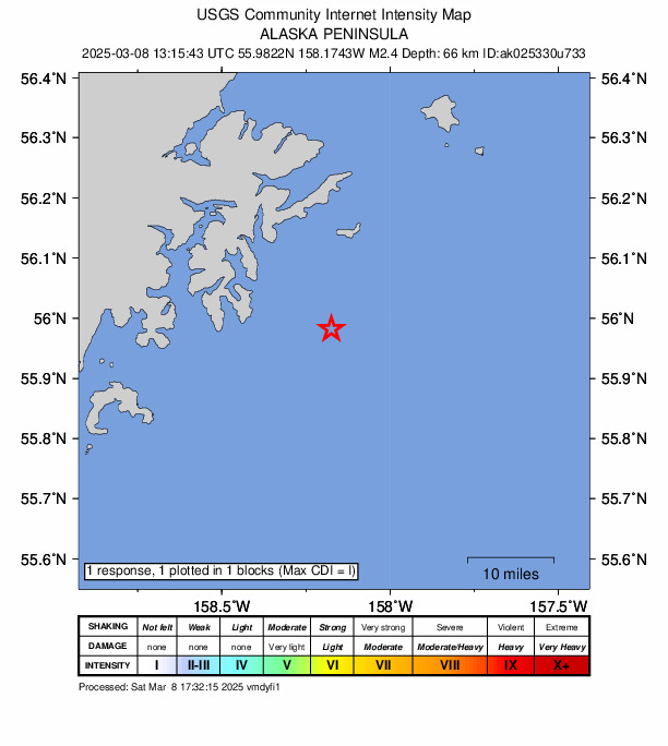 USGS DYFI community-reported intensity map for the M2.5 earthquake near 40 km SSE of Chignik, Alaska