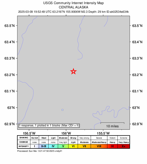USGS DYFI community-reported intensity map for the M2.2 earthquake near 11 km SW of Takotna, Alaska