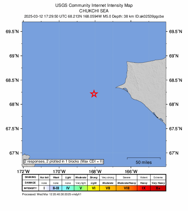 USGS DYFI community-reported intensity map for the M4.8 earthquake near 74 km S of Point Hope, Alaska