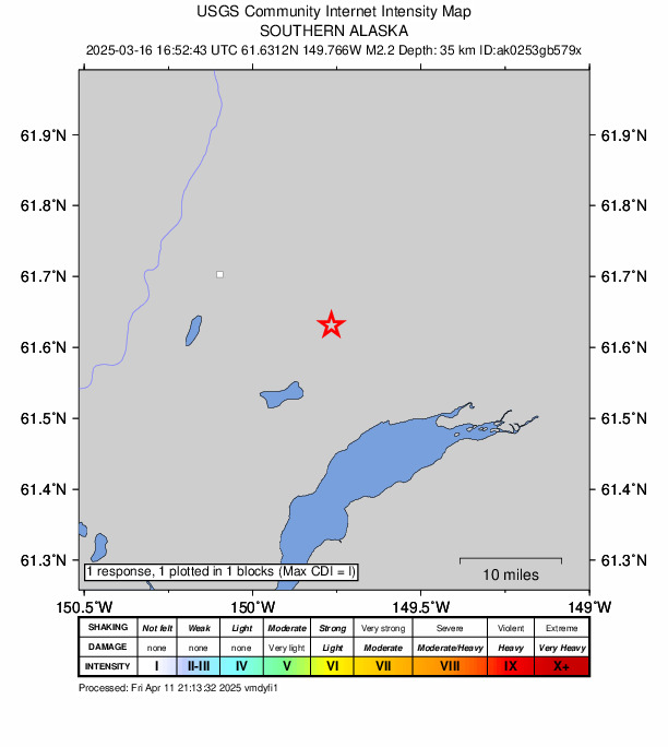 USGS DYFI community-reported intensity map for the M2.2 earthquake near 2 km E of Houston, Alaska