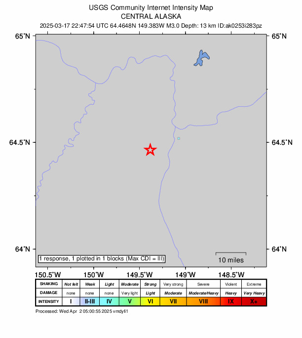 USGS DYFI community-reported intensity map for the M2.9 earthquake near 16 km NNW of Anderson, Alaska