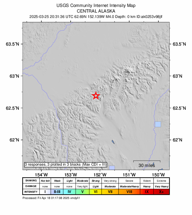 USGS DYFI community-reported intensity map for the M4.0 earthquake near 73 km WNW of Petersville, Alaska