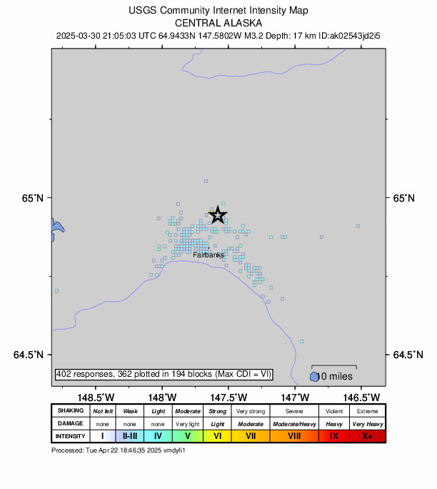 USGS DYFI community-reported intensity map for the M3.2 earthquake near 2 km SE of Fox, Alaska