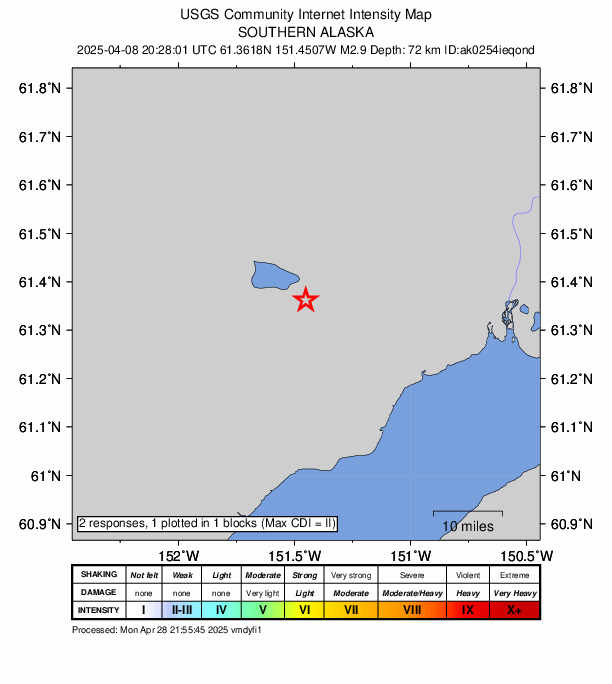 USGS DYFI community-reported intensity map for the M2.9 earthquake near 31 km NW of Beluga, Alaska