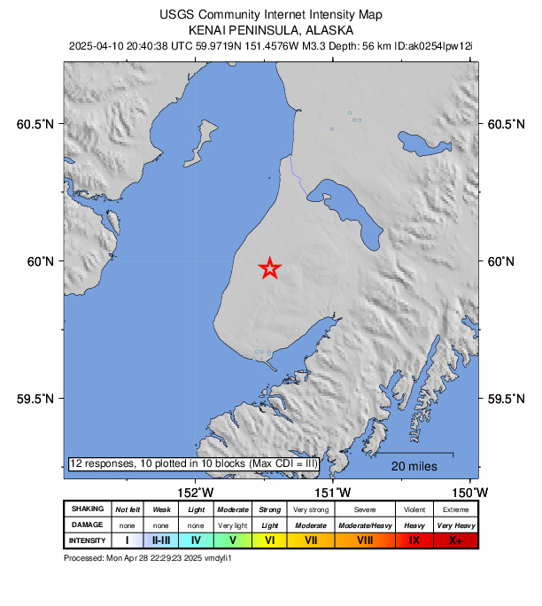 USGS DYFI community-reported intensity map for the M3.3 earthquake near 14 km SE of Ninilchik, Alaska