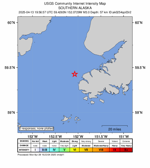 USGS DYFI community-reported intensity map for the M3.0 earthquake near 9 km NW of Nanwalek, Alaska