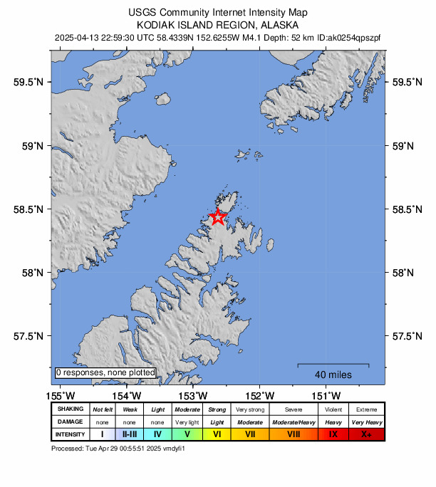 USGS DYFI community-reported intensity map for the M4.2 earthquake near 44 km NNE of Aleneva, Alaska