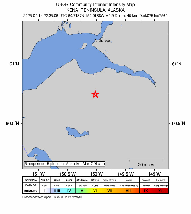 USGS DYFI community-reported intensity map for the M2.9 earthquake near 28 km SW of Hope, Alaska