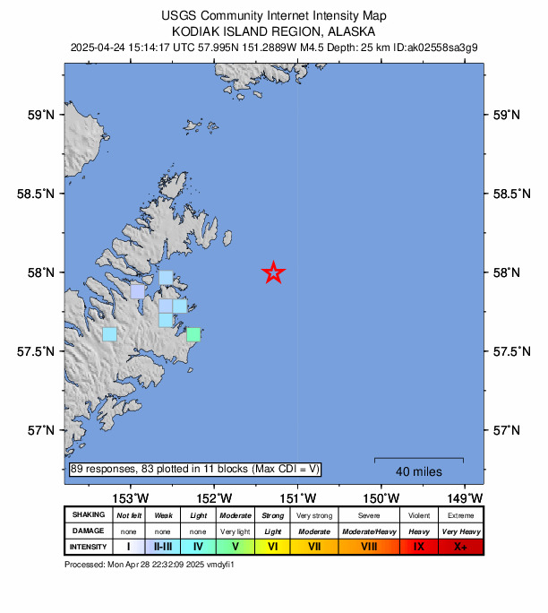 USGS DYFI community-reported intensity map for the M4.4 earthquake near 68 km ENE of Kodiak, Alaska