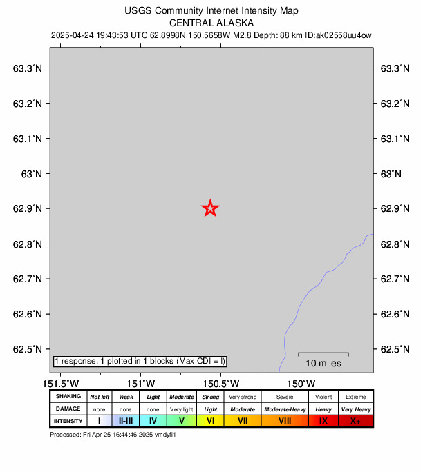 USGS DYFI community-reported intensity map for the M2.8 earthquake near 45 km NNE of Petersville, Alaska