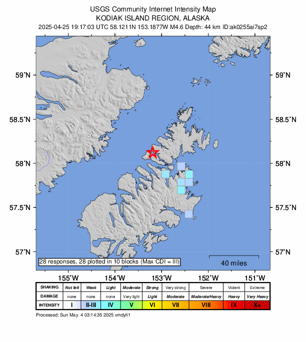 USGS DYFI community-reported intensity map for the M4.6 earthquake near 17 km WNW of Aleneva, Alaska
