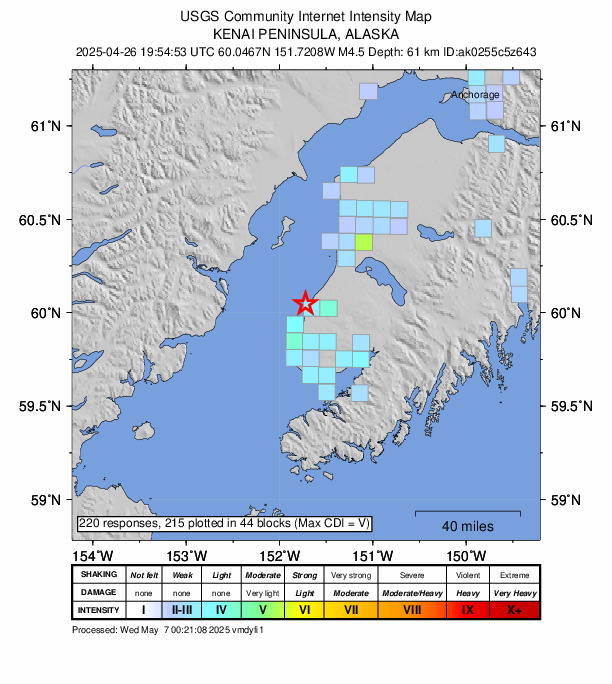 USGS DYFI community-reported intensity map for the M4.2 earthquake near 3 km WSW of Ninilchik, Alaska