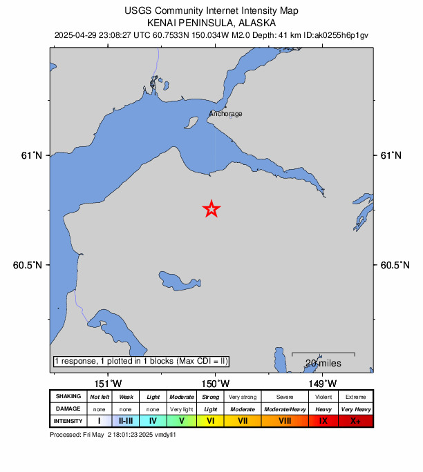 USGS DYFI community-reported intensity map for the M2.0 earthquake near 28 km SW of Hope, Alaska