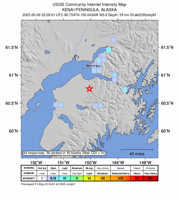 USGS DYFI community-reported intensity map for the M3.8 earthquake near 28 km SW of Hope, Alaska