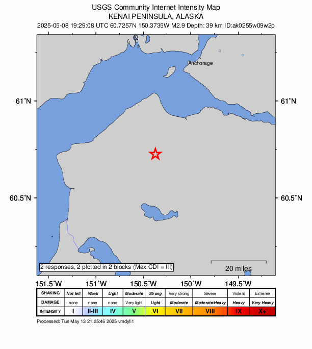 USGS DYFI community-reported intensity map for the M2.9 earthquake near 27 km SE of Point Possession, Alaska