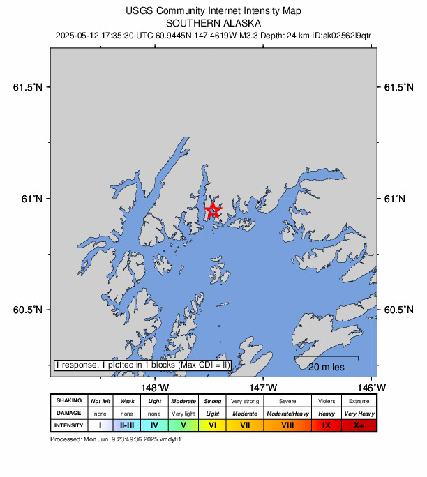 USGS DYFI community-reported intensity map for the M3.3 earthquake near 43 km WNW of Tatitlek, Alaska