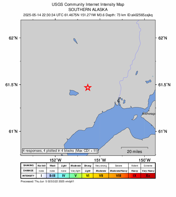 USGS DYFI community-reported intensity map for the M3.6 earthquake near 37 km NNW of Beluga, Alaska