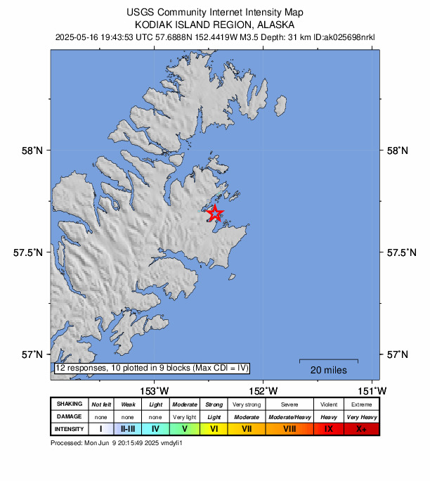 USGS DYFI community-reported intensity map for the M3.5 earthquake near 11 km S of Kodiak, Alaska