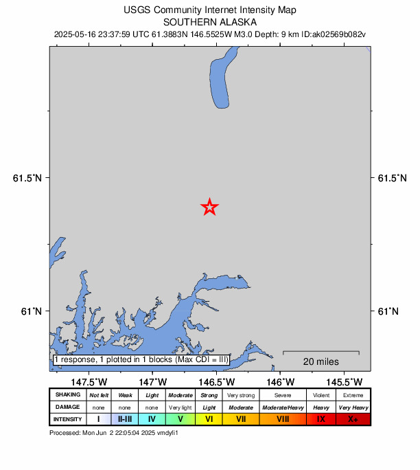 USGS DYFI community-reported intensity map for the M3.0 earthquake near 30 km NNW of Valdez, Alaska