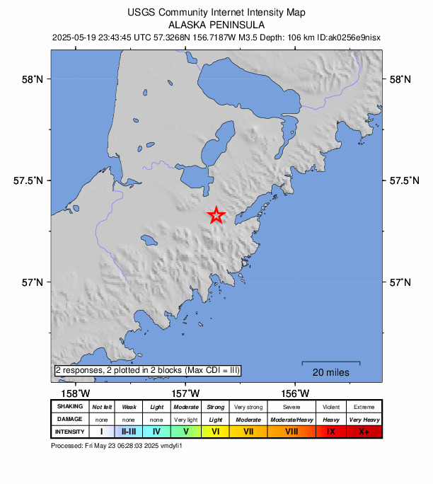 USGS DYFI community-reported intensity map for the M3.5 earthquake near 45 km ESE of Ugashik, Alaska
