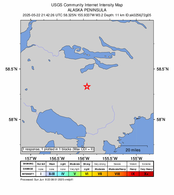 USGS DYFI community-reported intensity map for the M3.2 earthquake near 58 km SE of King Salmon, Alaska