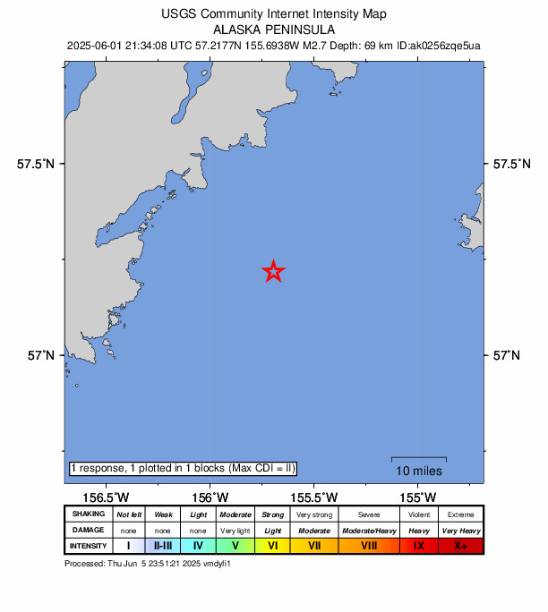 USGS DYFI community-reported intensity map for the M2.7 earthquake near 84 km WSW of Karluk, Alaska