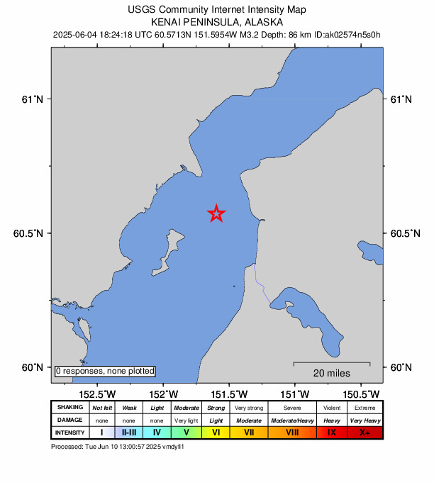 USGS DYFI community-reported intensity map for the M3.2 earthquake near 15 km WSW of Salamatof, Alaska