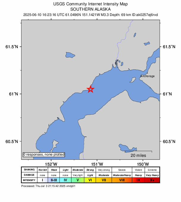 USGS DYFI community-reported intensity map for the M3.3 earthquake near 2 km S of Tyonek, Alaska