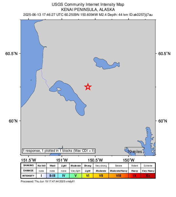 USGS DYFI community-reported intensity map for the M2.4 earthquake near 29 km SSE of Funny River, Alaska