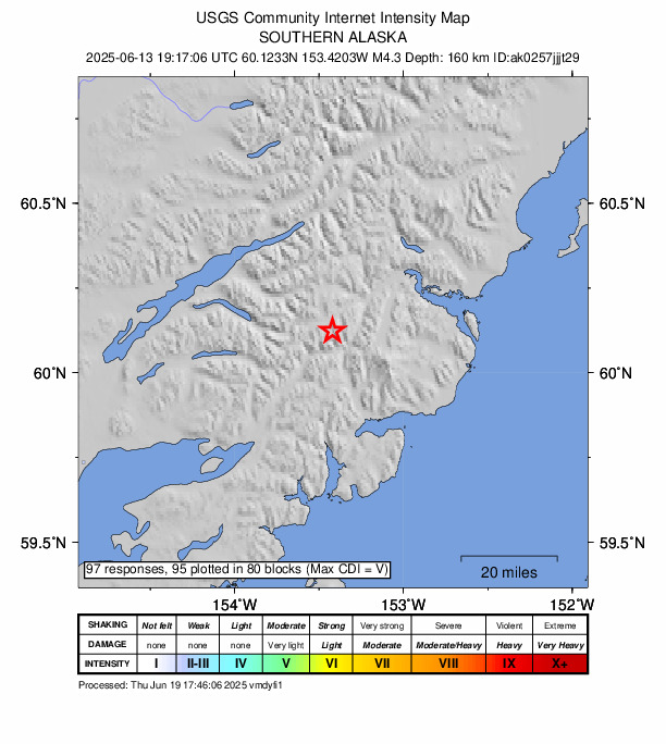 USGS DYFI community-reported intensity map for the M4.3 earthquake near 50 km E of Port Alsworth, Alaska