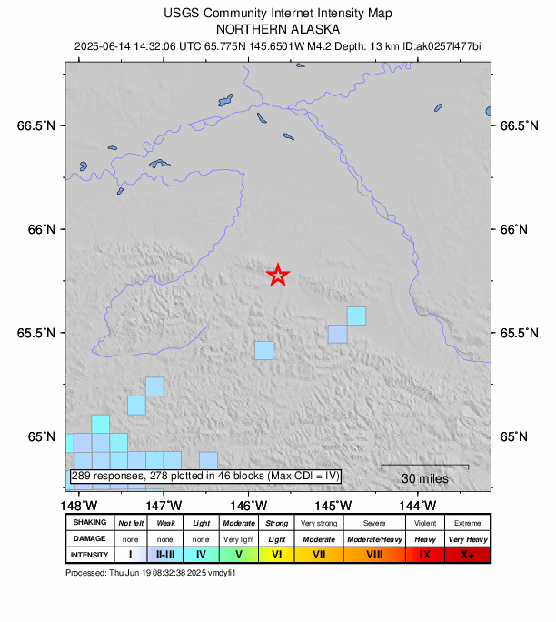 USGS DYFI community-reported intensity map for the M4.2 earthquake near 44 km WNW of Central, Alaska