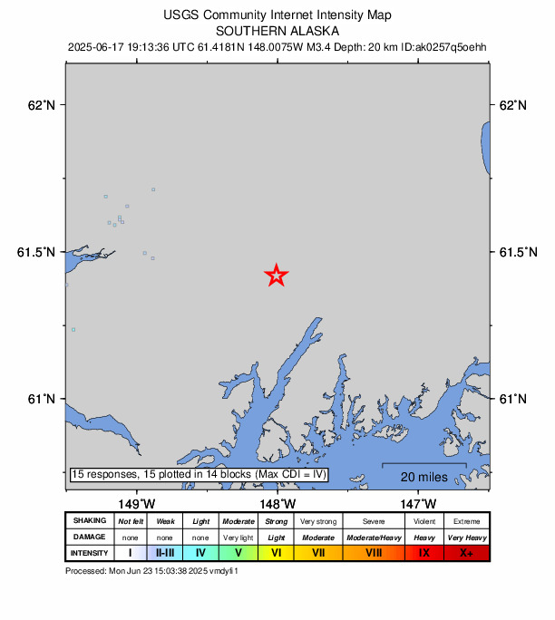 USGS DYFI community-reported intensity map for the M3.4 earthquake near 47 km SSW of Glacier View, Alaska