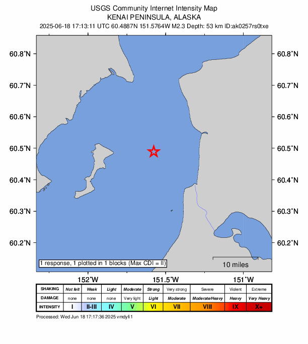 USGS DYFI community-reported intensity map for the M2.2 earthquake near 17 km WNW of Kalifornsky, Alaska