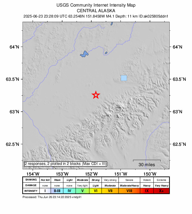 USGS DYFI community-reported intensity map for the M4.1 earthquake near 32 km S of Denali National Park, Alaska