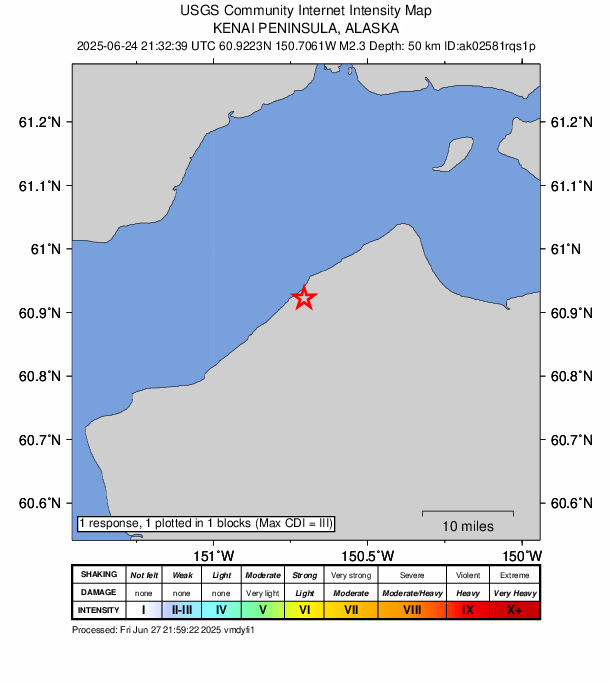 USGS DYFI community-reported intensity map for the M2.3 earthquake near 0 km W of Point Possession, Alaska