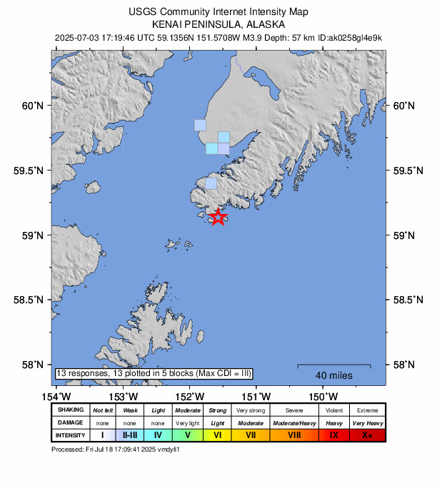 USGS DYFI community-reported intensity map for the M3.9 earthquake near 28 km SSE of Port Graham, Alaska