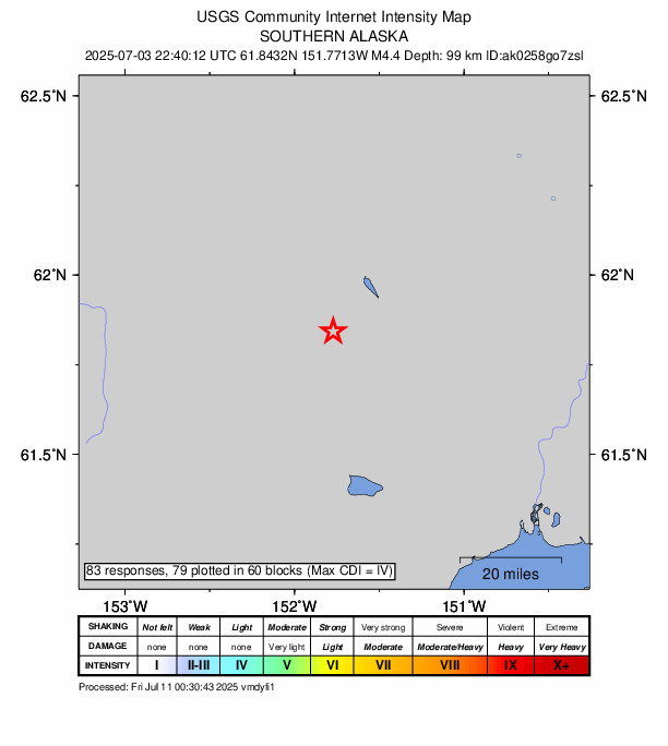 USGS DYFI community-reported intensity map for the M4.4 earthquake near 25 km SW of Skwentna, Alaska