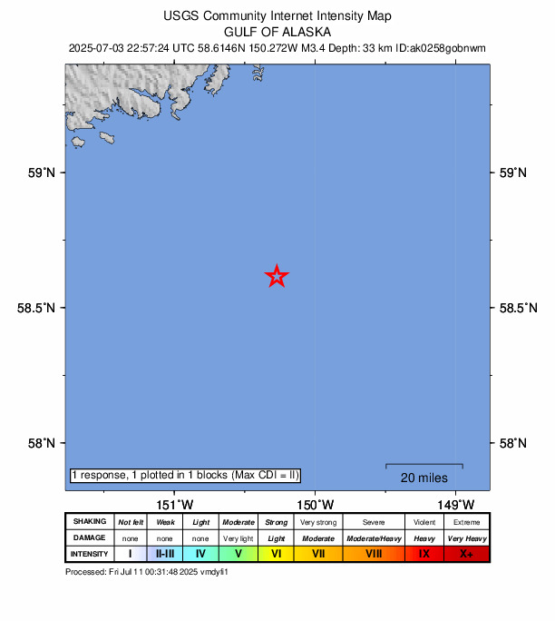 USGS DYFI community-reported intensity map for the M3.4 earthquake near 121 km SE of Port Graham, Alaska